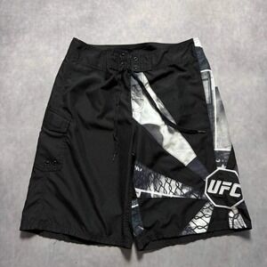 UFC Board Shorts Mens 34 Black White MMA Cage Graphic Cargo Pocket Trunks